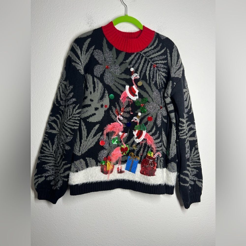Pink Flamingo Christmas Sweater Womens S Tropical Holiday Sequin Embroidered